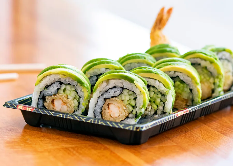 Avocado-topped sushi roll from Fusabowl