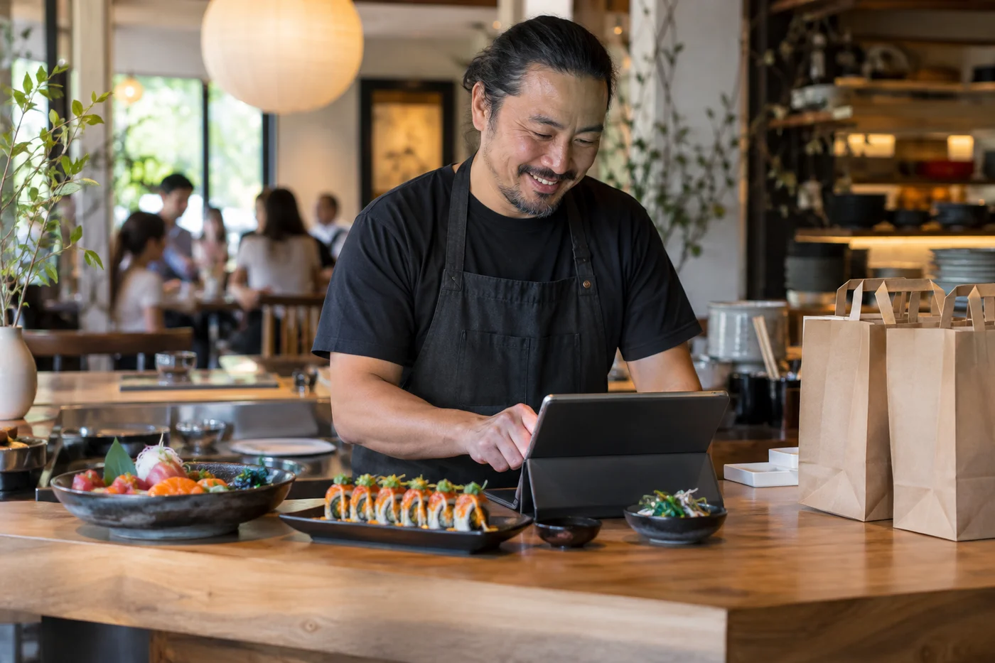 Restaurant owner checking a tablet beside freshly prepared food