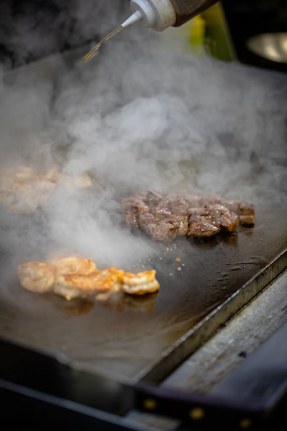 Sizzling steak and shrimp on the hibachi grill