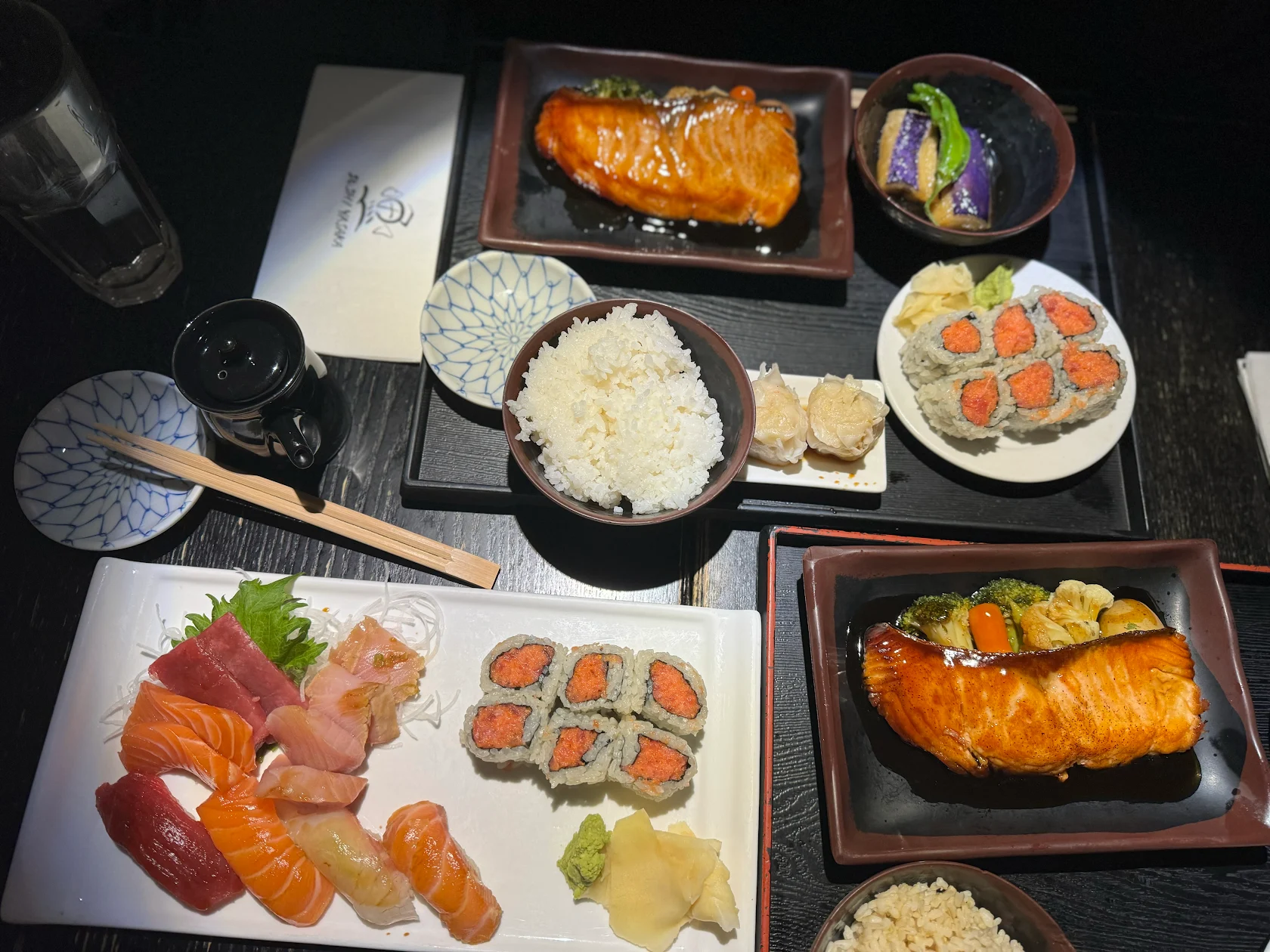 The Miyabi lunch set with grilled salmon, sushi, sashimi, rice and sides